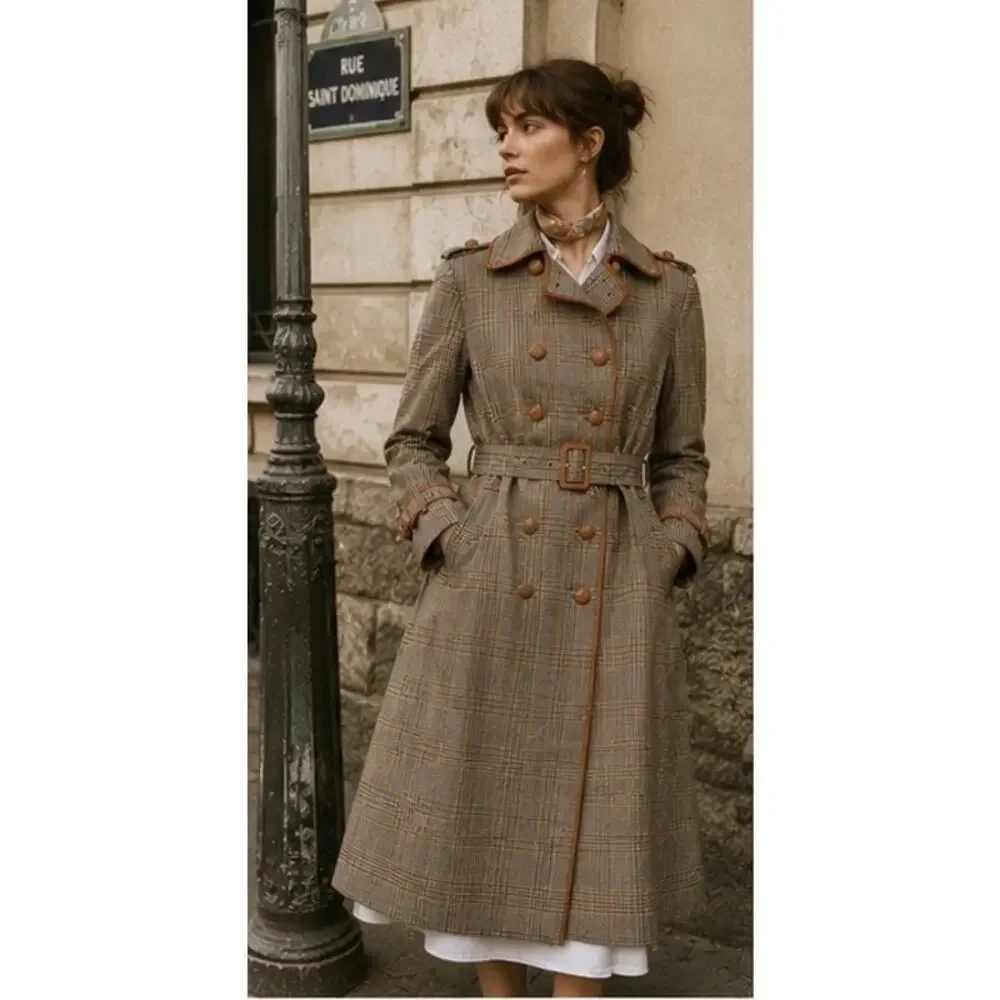 Tory Burch Glen Plaid Belted Trench Coat Leather Trim XS US2